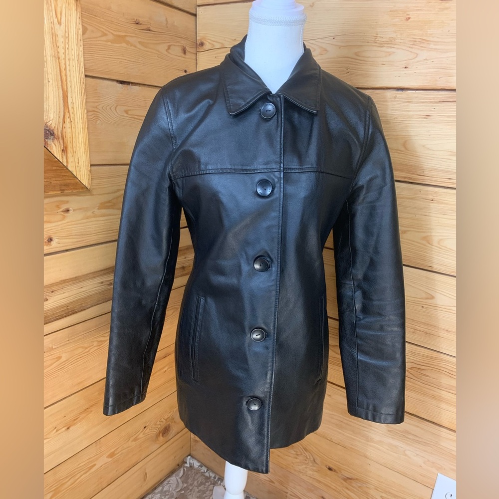 Black Leather Jacket Women Size Small Coat‎ Riding Retro 90s Big Buttons Friends